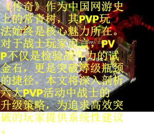 《传奇》作为中国网游史上的常青树，其PVP玩法始终是核心魅力所在。对于战士玩家而言，PVP不仅是检验战斗力的试金石，更是突破等级瓶颈的捷径。本文将深入剖析六大PVP活动中战士的升级策略，为追求高效突破的玩家提供系统性建议。